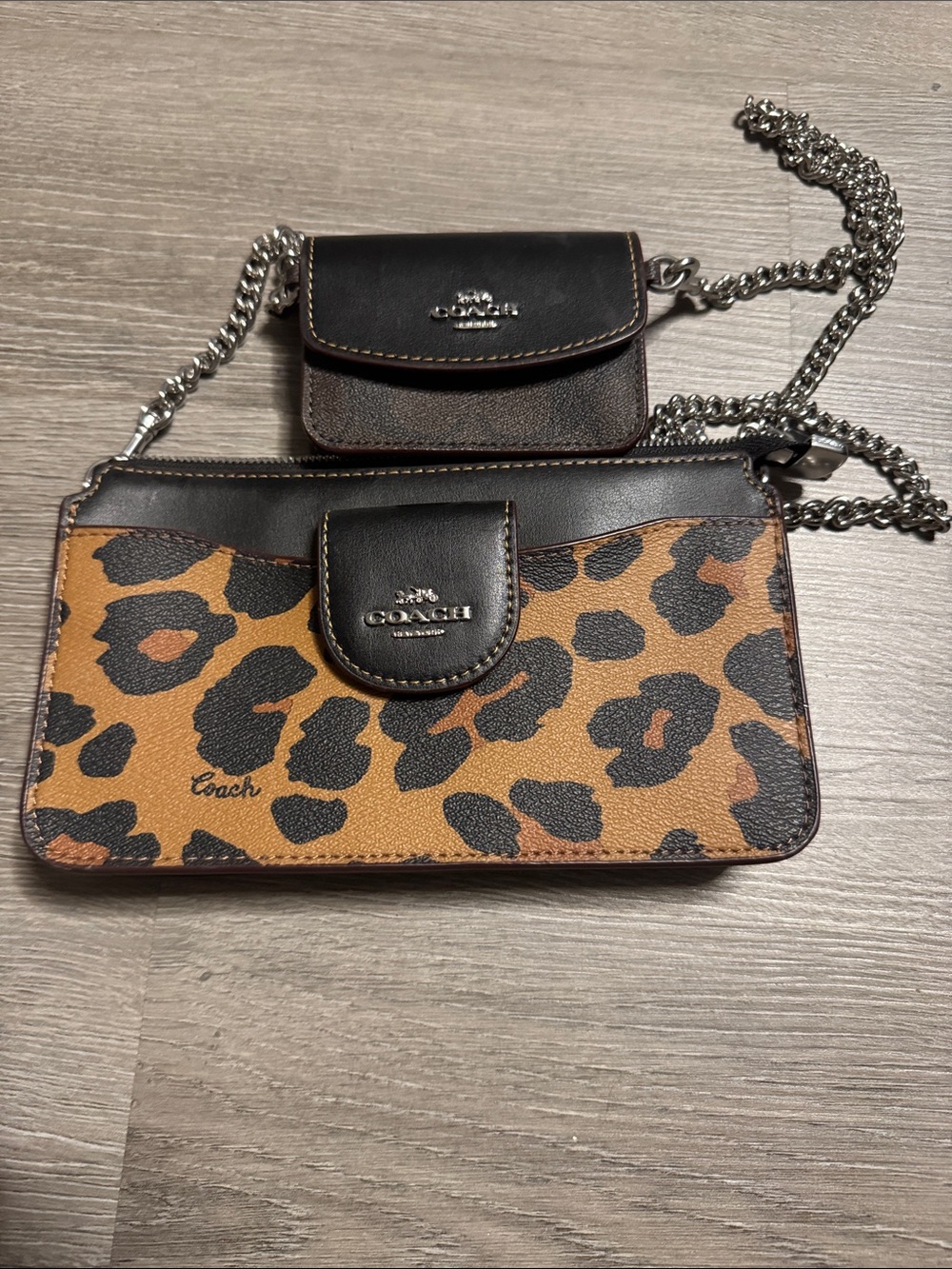 Coach Leopard Print Crossbody Purse in Brown and Black with Chain Strap